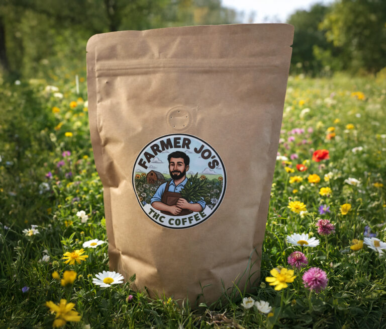 A plain brown bag of Farmer Jo's THC coffee with a circular logo sticker, sitting on a bed of flowers.