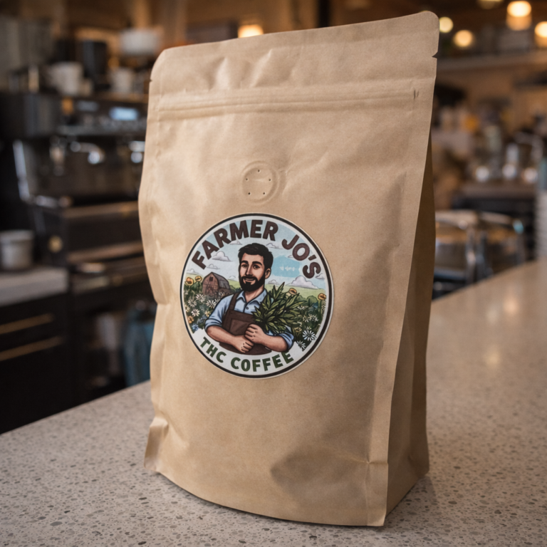 A plain brown bag of Farmer Jo's THC coffee with a circular logo sticker sitting on a kitchen counter.